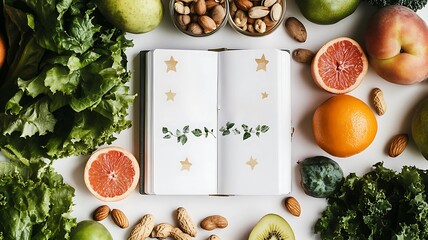 Open Journal with Daily Affirmations Surrounded by Healthy Food for Positive Mindset