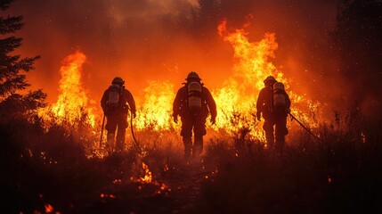 Fototapeta premium Firefighting team briefing before tackling a wildfire