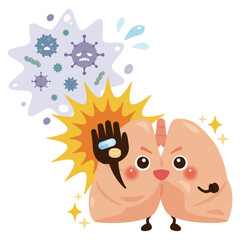 ウイルスを薬剤で治療して元気になる肺のキャラクターイラスト