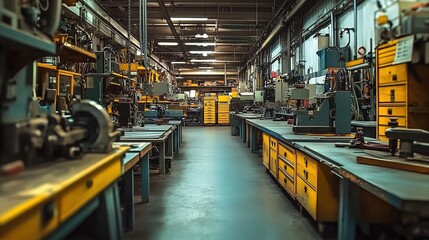  The photo shows an industrial factory or workshop interior with rows of workbench tables and equipment, including tools hanging on the walls.