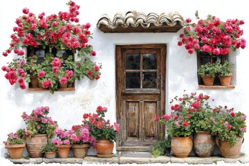 Charming Cottage Facade Adorned with Vibrant Pink Flowers in Terracotta Pots