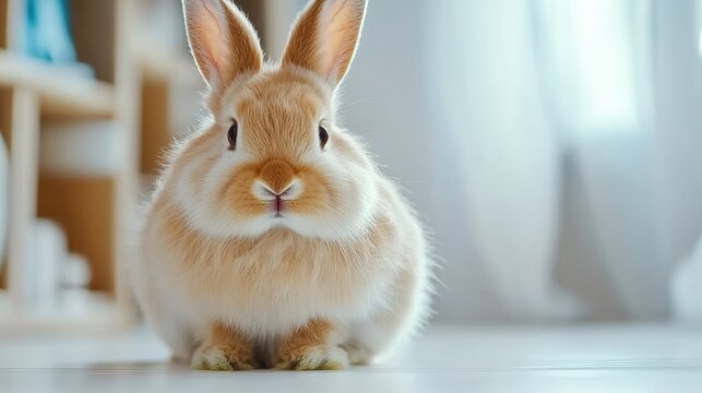 A sweet lop-eared bunny sitting on a white floor, with soft, fluffy fur and gentle brown eyes - Powered by Adobe