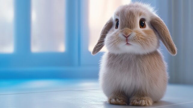 A sweet lop-eared bunny sitting on a white floor, with soft, fluffy fur and gentle brown eyes