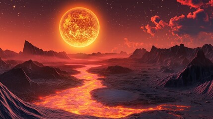 alien planet with glowing lava rivers, jagged black mountains, and ash clouds lit by the fiery glow of an enormous nearby star, 16:9