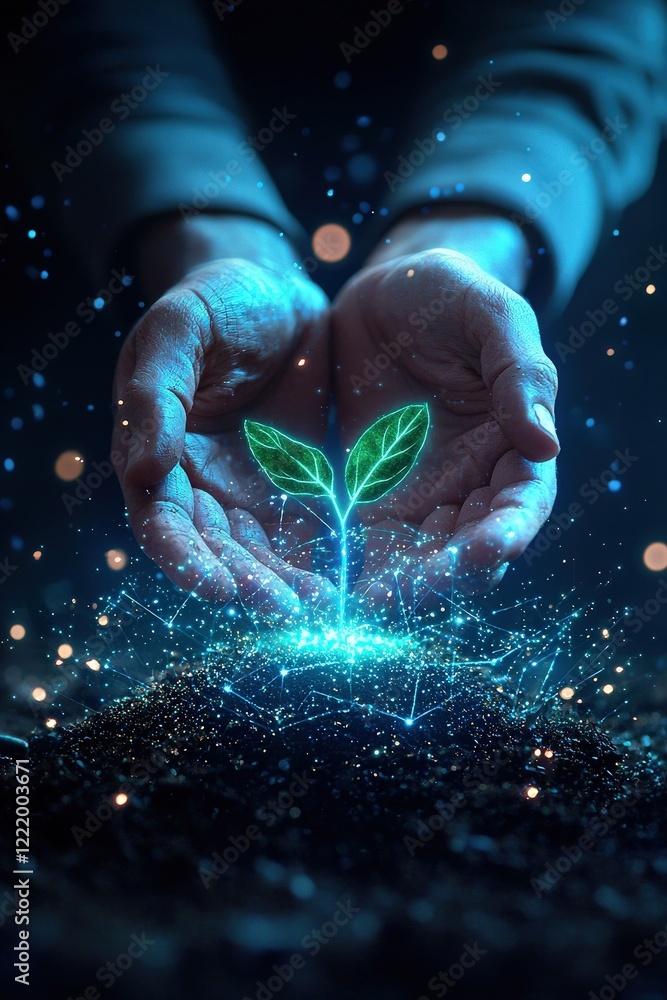 Aufkleber hands planting seeds glowing with scripts of unity and peace