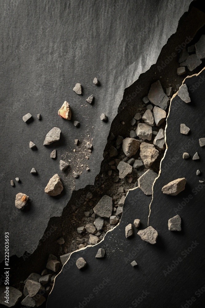 Poster a textured abstract background with a diagonal crack and scattered rocks for business use