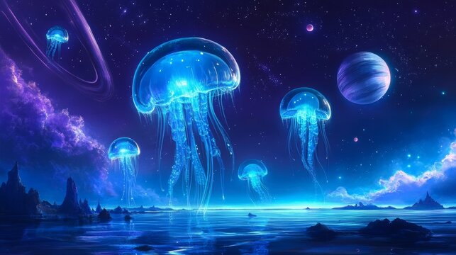 alien ocean world with translucent, glowing jellyfish-like creatures floating above the water's surface, under a sky filled with ringed planets and a shimmering aurora, 16:9