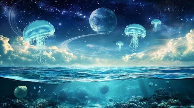 alien ocean world with translucent, glowing jellyfish-like creatures floating above the water's surface, under a sky filled with ringed planets and a shimmering aurora, 16:9