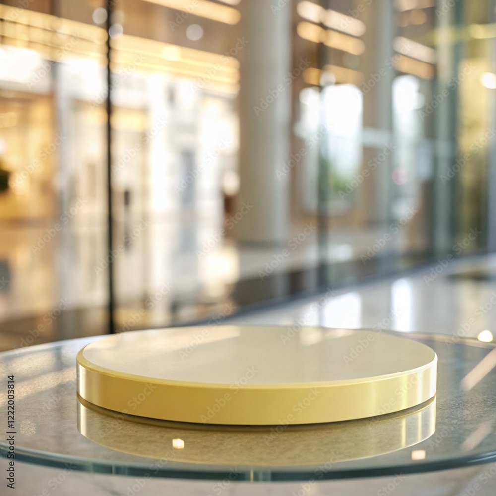 Poster modern empty display platform on glass table for product showcase in business setting