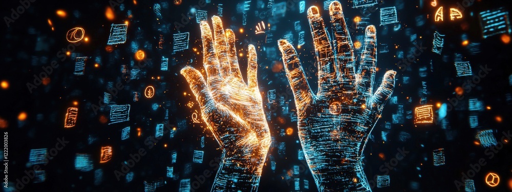 Poster hands reaching upward surrounded by floating glowing flags and symbols