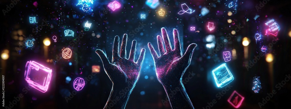 Poster Hands reaching upward surrounded by floating glowing flags and symbols
