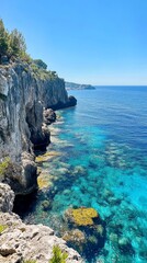 Scenic Coastal Path on Cliffs of Capri Island with Azure Blue Waters and Clear Sky, Perfect for Travel and Nature Enthusiasts, Generative AI