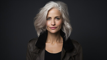 Fototapeta premium A middle-aged woman confidently showing off her beautiful white hair, with a dark background and space for text.