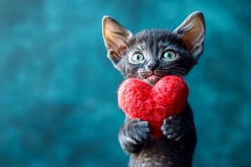 Digital ads idea. Lykoi - my cherished cat. Cute lykoi baby cat cub with fluffy red heart - sign of love, funny greeting card. Red pet concept. Valentine's day love theme. Cat for valentine.