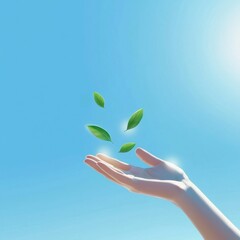 Hands releasing glowing olive leaves into a clear, peaceful sky