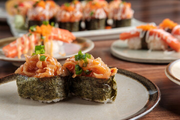 Chopped jellyfish Gunkan Maki with Sushi Set Including Nigiri and Maki