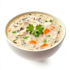 A bowl of creamy chicken and wild rice soup, isolated white background, minimalist art style