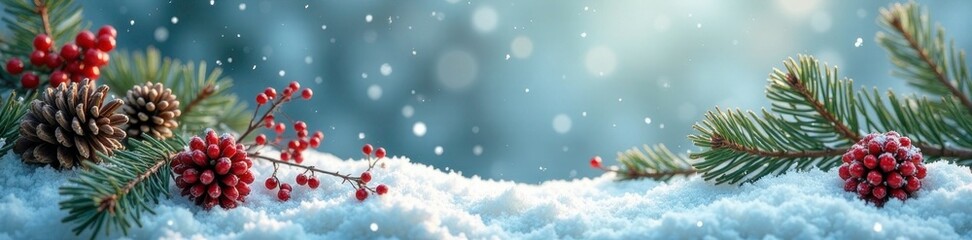 Pine branches, pinecones and red berries create a whimsical winter atmosphere, pine, snow, whimsy