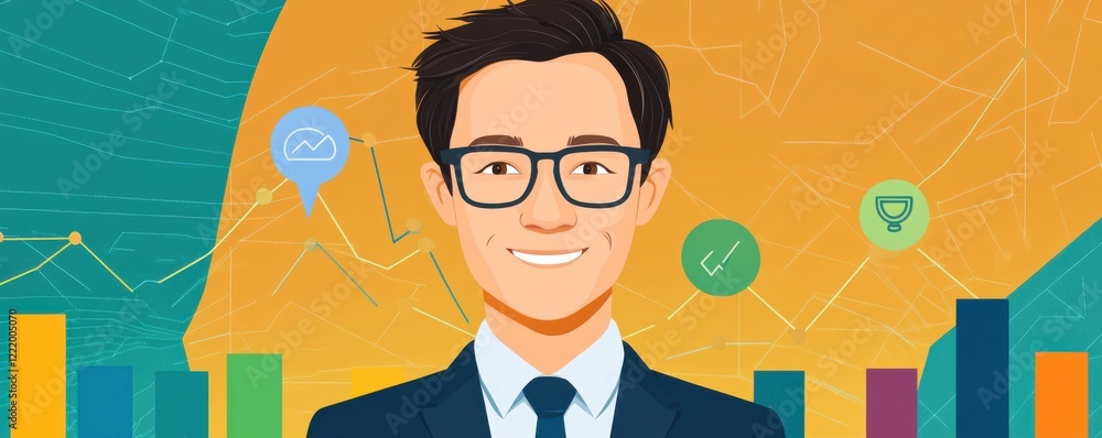 Poster a smiling professional man in a suit, surrounded by colorful graphs and icons, represents data analy
