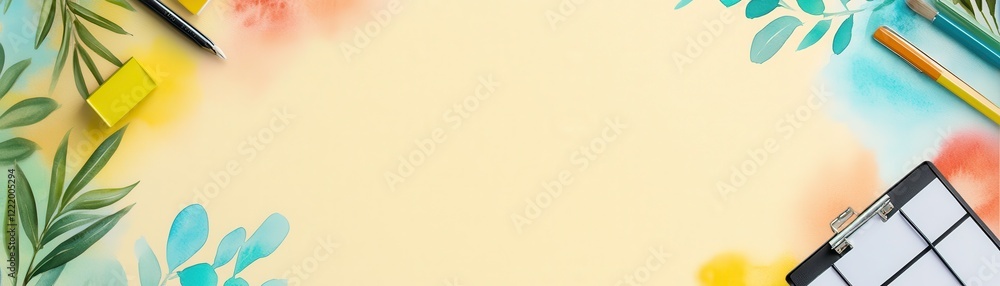 Poster a colorful workspace scene featuring stationery items, plants, and an empty notepad, creating an inv
