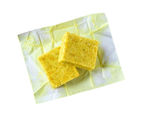 Broth cubes isolated on a white background. Top view. Chicken stock concentrate isolated.