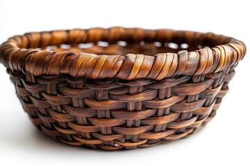 Empty wicker basket isolated on white background representing simplicity and craftsmanship