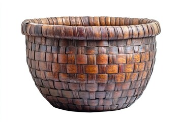 Empty dark brown wicker basket isolated on white background