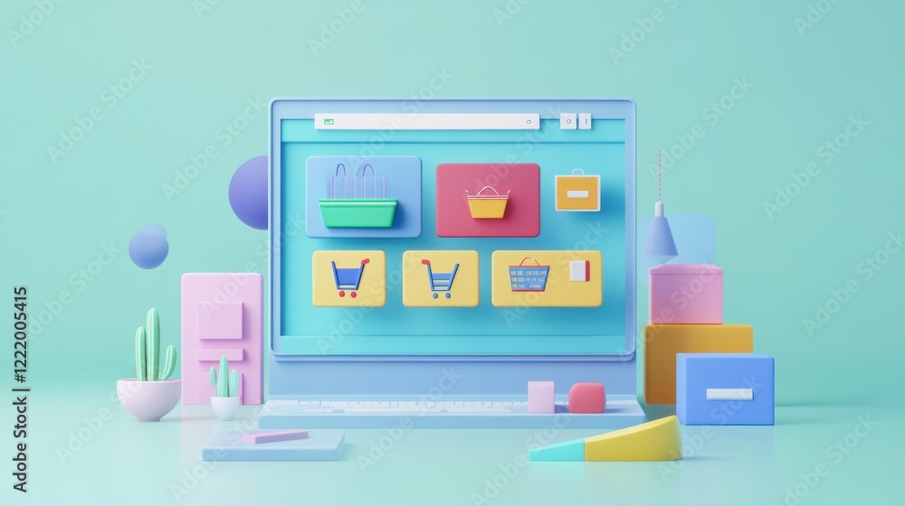 Poster a colorful, 3d-rendered illustration of a shopping website interface featuring icons representing va