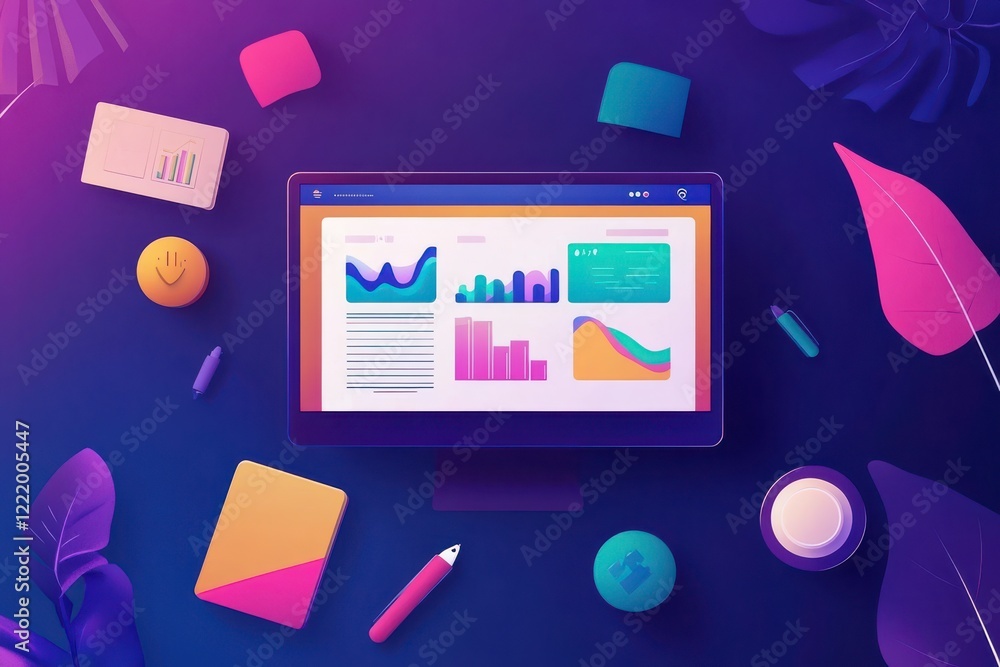 Aufkleber a vibrant digital workspace showcasing graphs, charts, and data analysis tools surrounded by colorfu