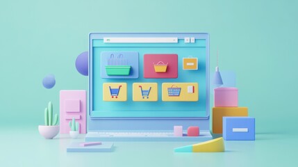 A colorful, 3D-rendered illustration of a shopping website interface featuring icons representing various products and a modern design.
