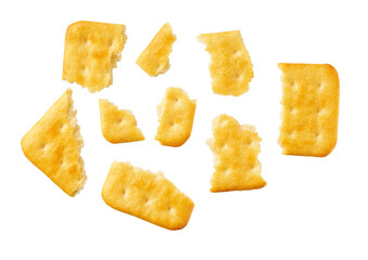 Broken cheese crackers isolated on white background, top view.