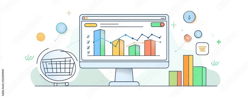 Poster a computer screen displays colorful graphs and charts, representing data analytics and e-commerce tr