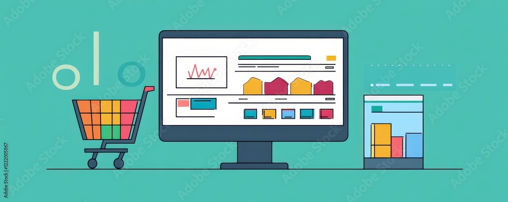 Poster a digital illustration showing an online shopping interface on a computer screen and a mobile device