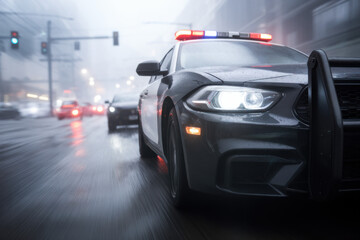 Fototapeta premium High-speed police chase through a misty urban street with flashing lights