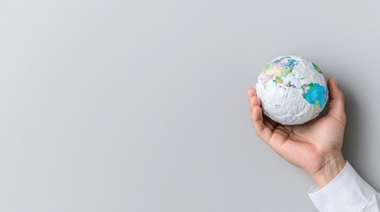 Hand holding crumpled globe; gray background; environmental concern; website banner