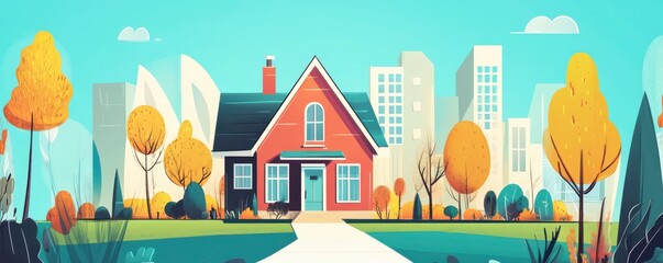 A colorful illustration of a red house surrounded by trees and modern buildings under a bright blue sky.