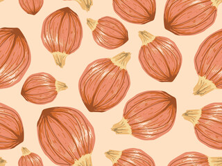 Onion seamless pattern. Food background, outline vegetable background with hand drawn vector illustration