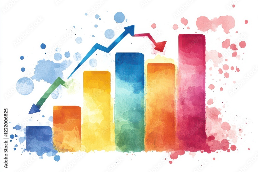 Poster a colorful watercolor bar chart with an upward trend line and a slight downward arrow, representing 