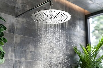 A close up of a shower head in a bathroom