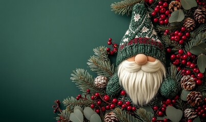 Obraz premium Charming Nordic Christmas Gnome Among Winter Pine and Berries, Festive New Year Greeting Card, Cozy Holiday Decoration on Dark Green Background, Generative AI