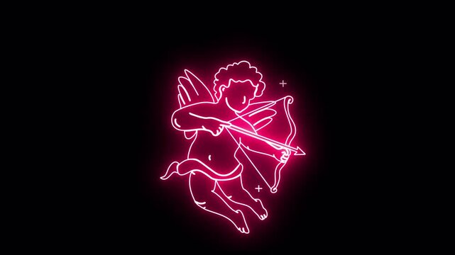 Glowing up neon cupid animation video on transparent background, cupid shooting the arrow