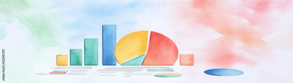 Poster a colorful watercolor illustration of various charts and graphs representing data analysis and visua