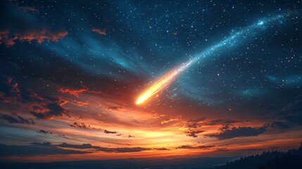 Naklejka premium Meteor shower illuminates night sky over serene landscape stunning celestial event vibrant atmosphere