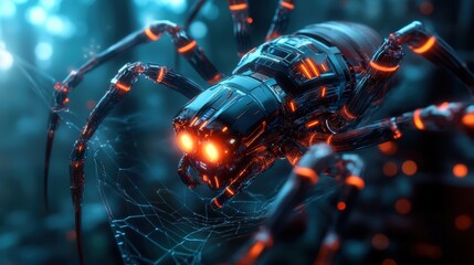 A biomechanical spider with glowing circuits and metallic legs, weaving holographic webs in a cyber forest
