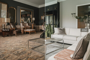 A living room before and after a complete renovation