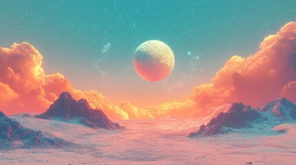 Otherworldly celestial phenomenon over mountainous landscape at dusk digital art surreal environment