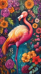 Vibrant Flamingo Amidst Colorful Flowers in a Lush Setting - Striking Bird with Tropical Blossoms Background, Exotic Nature Painting, Generative AI