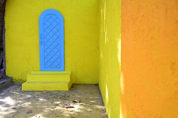 yellow wall and window. Indian archtecture. stone wall. 