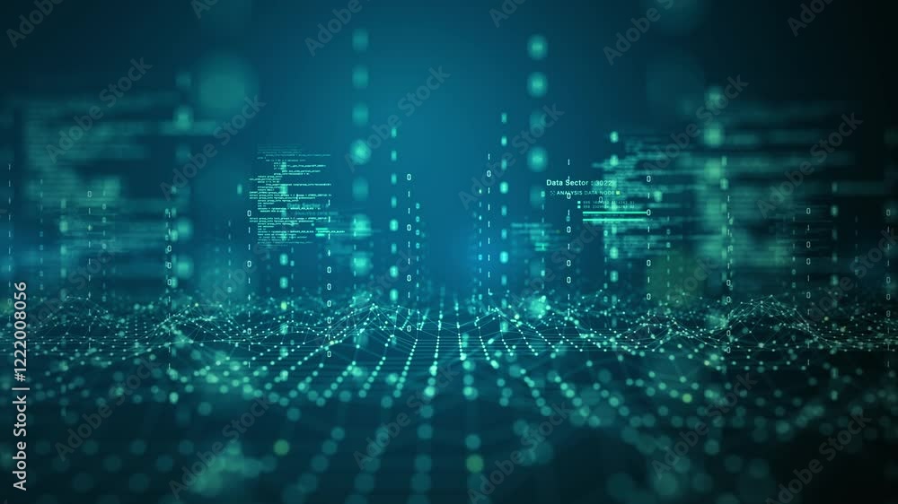 Aufkleber Digital grid with data nodes, lines, and binary code, Technology blockchain network connection, Artificial intelligence, and big data transfer in a futuristic technology concept. motion 4k