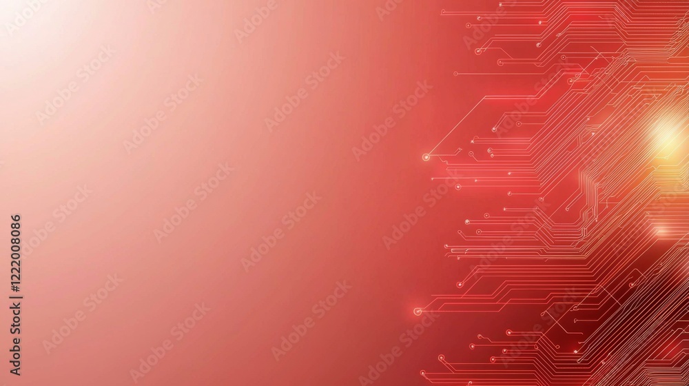 Poster a vibrant red background with intricate circuit patterns, suggesting themes of technology and digita